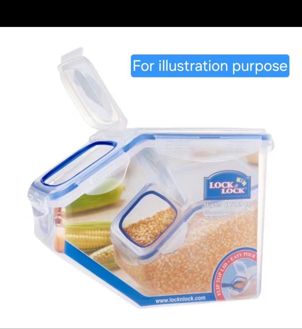 Lock & Lock Classic Rice Container (Category: Food Organisation & Storage) located in Singapore. Submitted by jkteam (Listing ID 1416635097, Image 3). Description: - 5L Lock & Lock rice container - Features a flip-top lid for easy pouring and a separate compartment for easy access. - Dimensions: 235mm x 150mm x 190mm. - Store rice up to 3kg. - Perfect for storing rice, grains, or pet food..