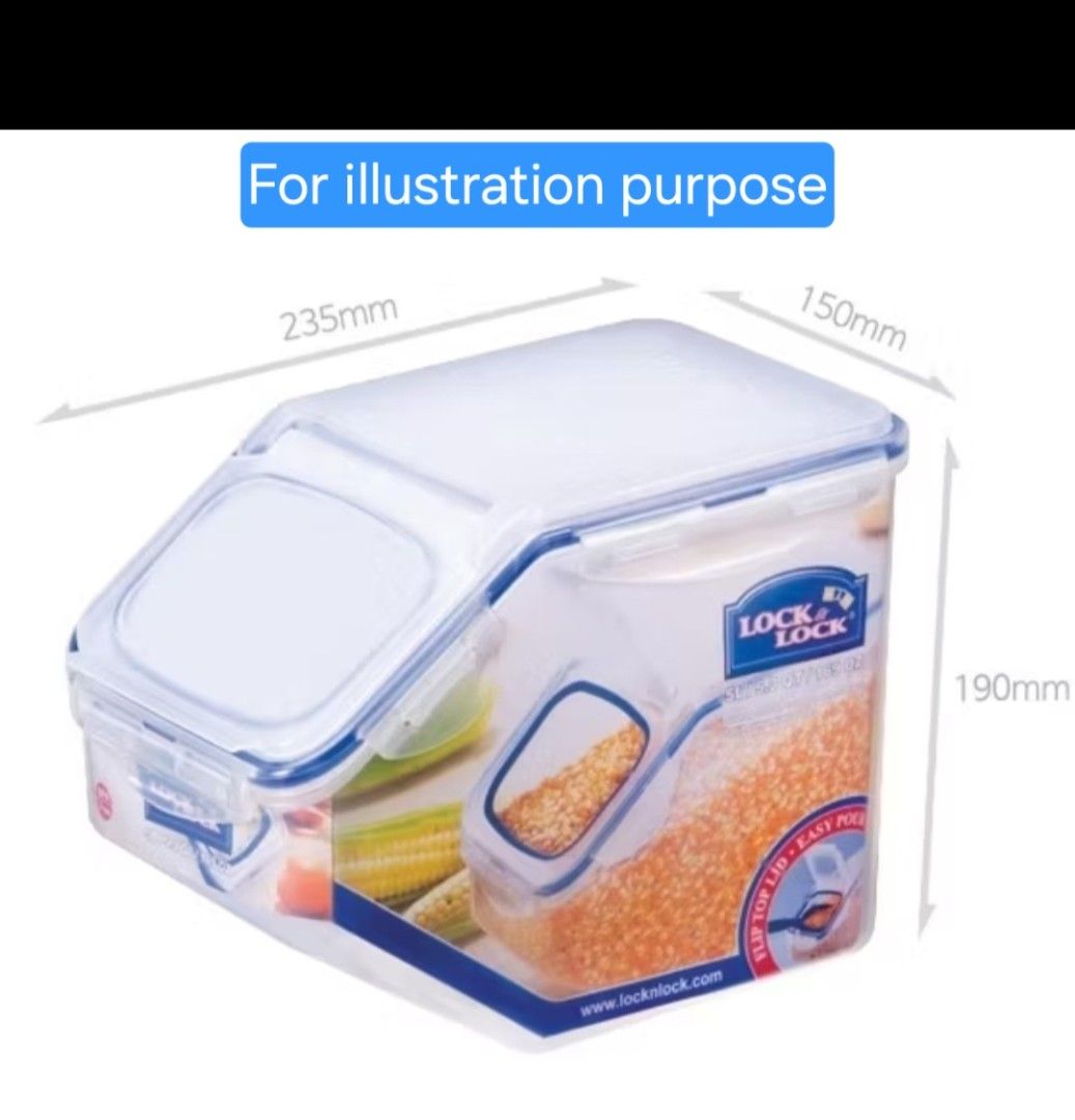 Lock & Lock Classic Rice Container (Category: Food Organisation & Storage) located in Singapore. Submitted by jkteam (Listing ID 1416635097, Image 1). Description: - 5L Lock & Lock rice container - Features a flip-top lid for easy pouring and a separate compartment for easy access. - Dimensions: 235mm x 150mm x 190mm. - Store rice up to 3kg. - Perfect for storing rice, grains, or pet food..