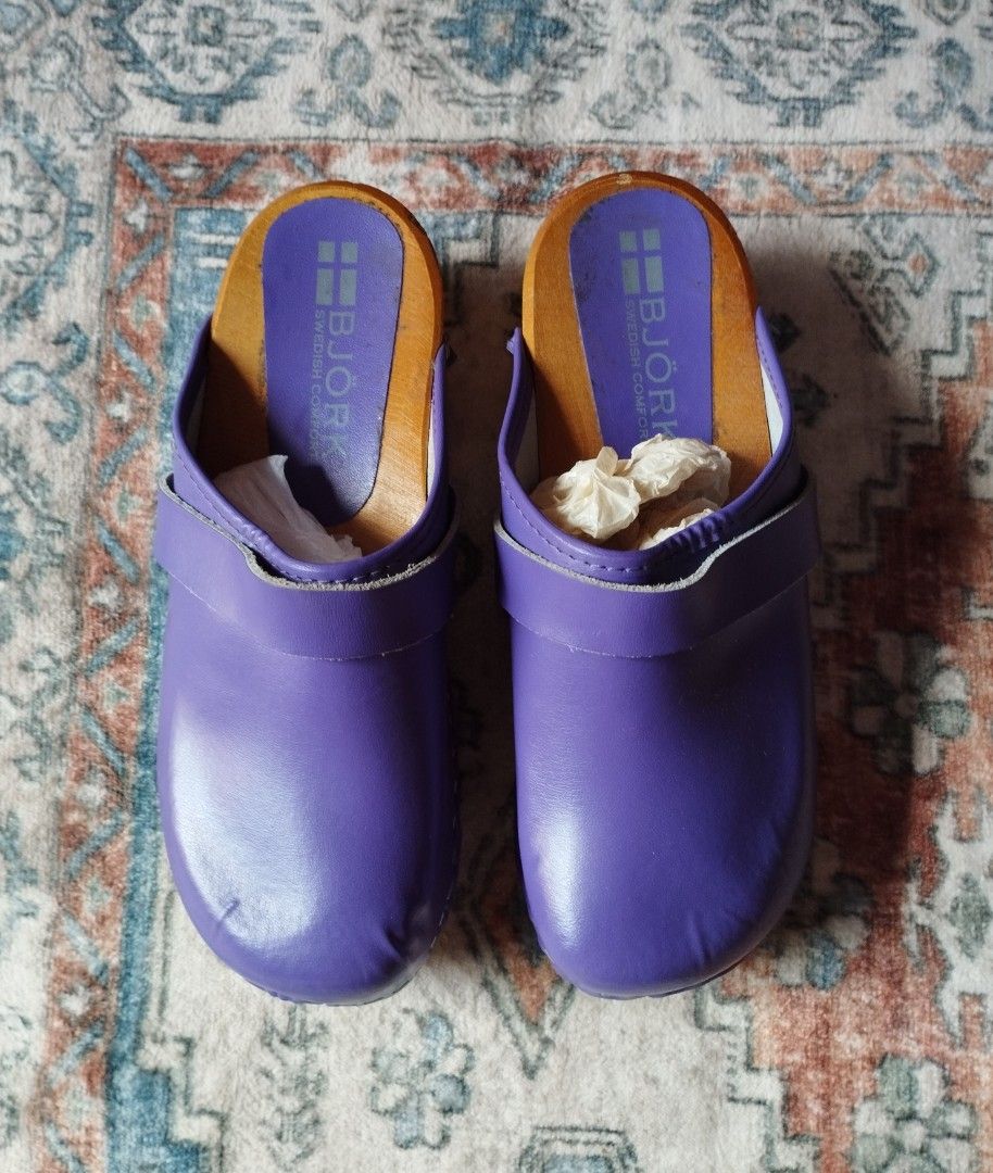 Maja Wood Open Back Leather Clogs in Purple (Category: Heels) located in Baguio. Submitted by katgon2016 (Listing ID 1416580998, Image 2). Description: The Maja Wooden Clog sticks to its roots by encompassing the classic BJORK Swedish clog that we know today. Genuine leather upper on a classic wooden outsole. Hand-Made in Europe Leather upper Genuine Wood Outsole harvested from sustainable European forests,... no signs of use but has mild wrinkli