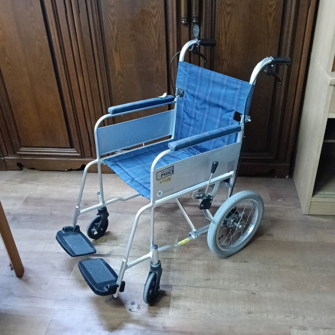 2nd hand MIKI Wheelchair (Category: Wheelchairs) located in Paranaque City. Submitted by 2ndcharmfurniture (Listing ID 1416525160, Image 3). Description: MIKI wheelchair features a blue seat and backrest. It has dimensions of L80*W50*H41-85cm, with a seat height of 41cm. The wheelchair has footrests and armrests..