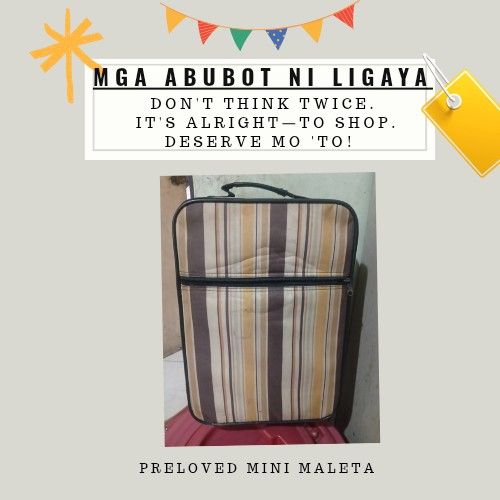 Mini Luggage/Maleta (Category: Luggage) located in Taguig. Submitted by mgaabubotniligaya (Listing ID 1416473410, Image 1). Description: PRELOVED - Old, Rusty, Dirty With minimal flaws but super good zippers / still functional and serves purpose small lang po ito needs cleaning 📍Location: Wawa / Sta. Ana, Taguig 🛵Lalamove and Pick Up Only 💸Payment First thru GCash / PayMaya and other Banks.