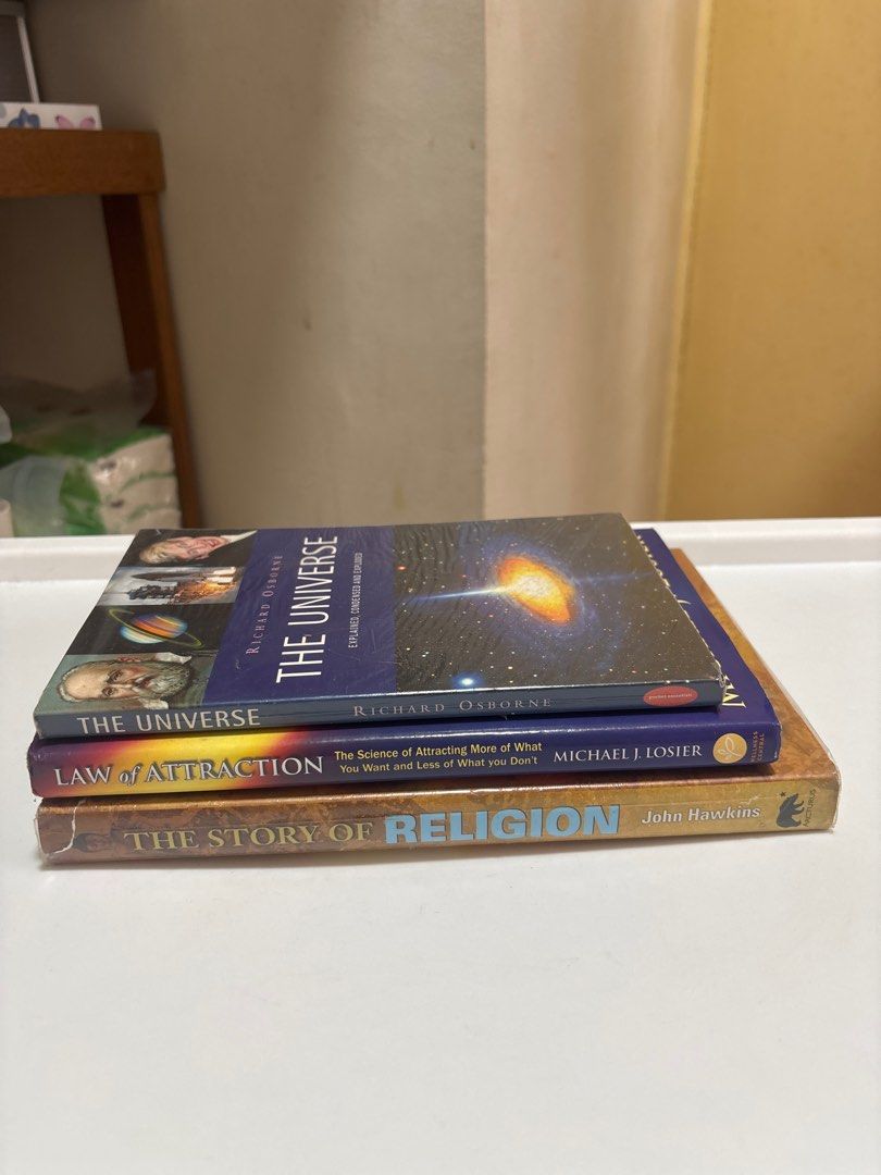 MOVING OUT SALE: Assorted books (Category: Storybooks) located in Manila. Submitted by matchagurl_ (Listing ID 1416482024, Image 1). Description: BOOKS FOR SALE These books are old so please manage your expectation. Natural age marks (foxing) on pages. RFS: moving out 1. The Universe by Richard Osborne - 50 2 Law of Attraction by Michael Losier - 50 3. The Story of Religion by John Hawkins - 150.