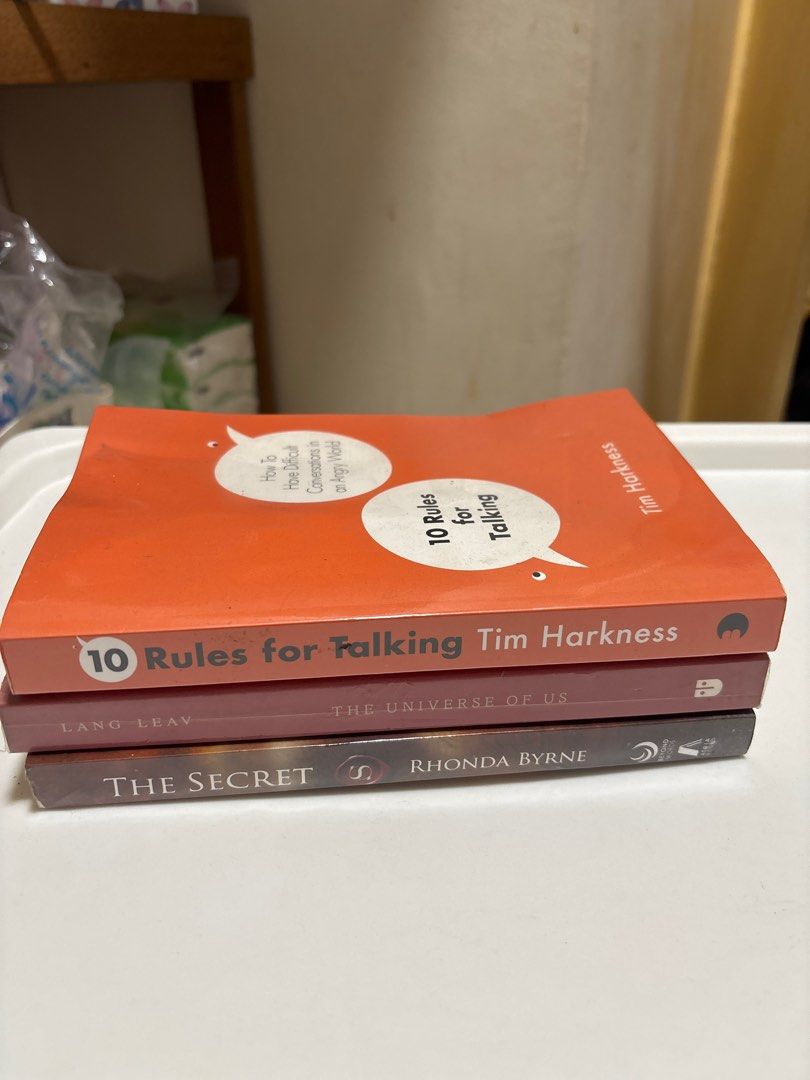 MOVING OUT SALE: Assorted Books (Category: Storybooks) located in Manila. Submitted by matchagurl_ (Listing ID 1416501123, Image 1). Description: BOOKS FOR SALE These books are old so please manage your expectation. Natural age marks (foxing) on pages. RFS: moving out 1. 10 Rules for Talking by Tim Harkness 2. The Universe of Us by Lang Leav - SOLD 3. The Secret by Rhonda Byrne - SOLD.
