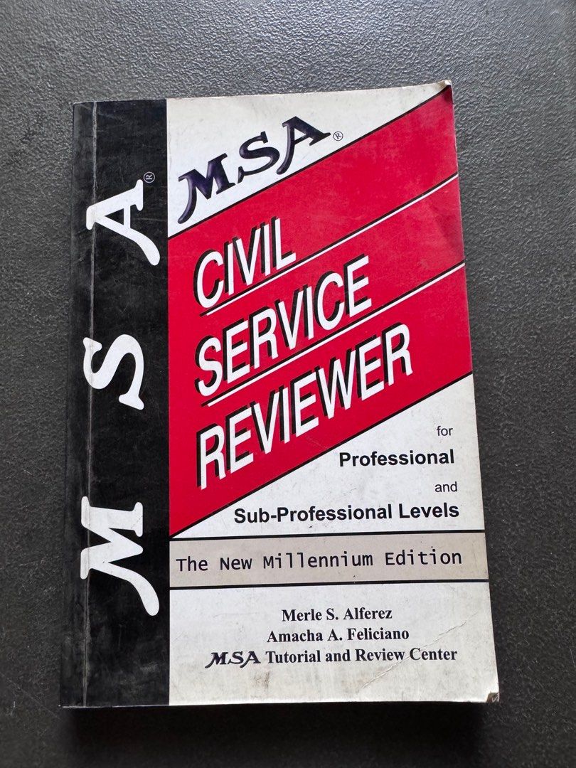 MSA Civil Service Reviewer (Category: Textbooks) located in Quezon City. Submitted by happyreader (Listing ID 1416575338, Image 1). Description: - MSA Civil Service Reviewer for Professional & Sub-Professional Levels - New Millennium Edition - Published by MSA Tutorial and Review Center - Includes practice tests and review materials - Contains abstract reasoning practice questions .