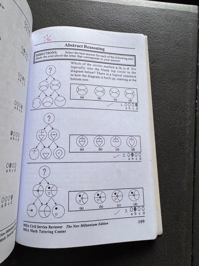 MSA Civil Service Reviewer (Category: Textbooks) located in Quezon City. Submitted by happyreader (Listing ID 1416575338, Image 3). Description: - MSA Civil Service Reviewer for Professional & Sub-Professional Levels - New Millennium Edition - Published by MSA Tutorial and Review Center - Includes practice tests and review materials - Contains abstract reasoning practice questions .