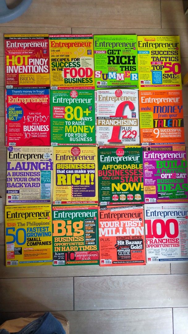 Old Entrepreneur Magazine Collection (Category: Magazines) located in Pasig City. Submitted by 888randomstuff (Listing ID 1416612961, Image 1). Description: - Collection of Entrepreneur Magazine issues. - Covers topics like business, franchising, and entrepreneurship. - Features articles on starting a business and business strategies. - Perfect for aspiring entrepreneurs. BUY ALL 33PCS FOR ONLY P1,000 NEGOTIABLE..