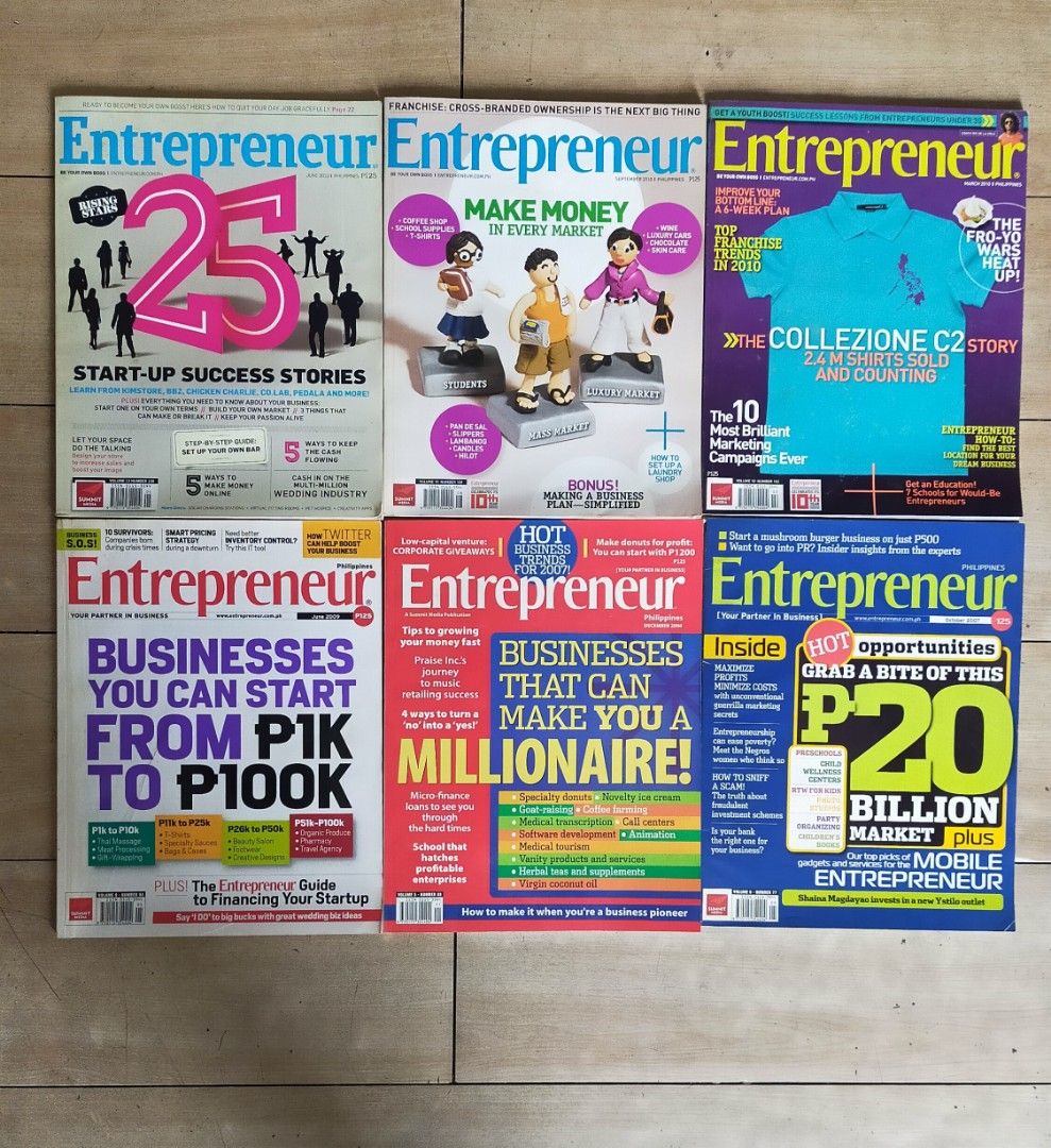 Old Entrepreneur Magazine Collection (Category: Magazines) located in Pasig City. Submitted by 888randomstuff (Listing ID 1416612961, Image 3). Description: - Collection of Entrepreneur Magazine issues. - Covers topics like business, franchising, and entrepreneurship. - Features articles on starting a business and business strategies. - Perfect for aspiring entrepreneurs. BUY ALL 33PCS FOR ONLY P1,000 NEGOTIABLE..
