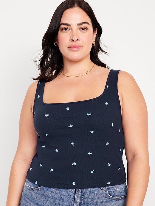 Old Navy Ultra-Crop Rib-Knit Top (Category: Sleeveless) located in Calamba. Submitted by declutter187 (Listing ID 1416641239, Image 3). Description: Navy blue floral sleeveless with tag Size XL Loc. Calamba Sf c/o buyer.