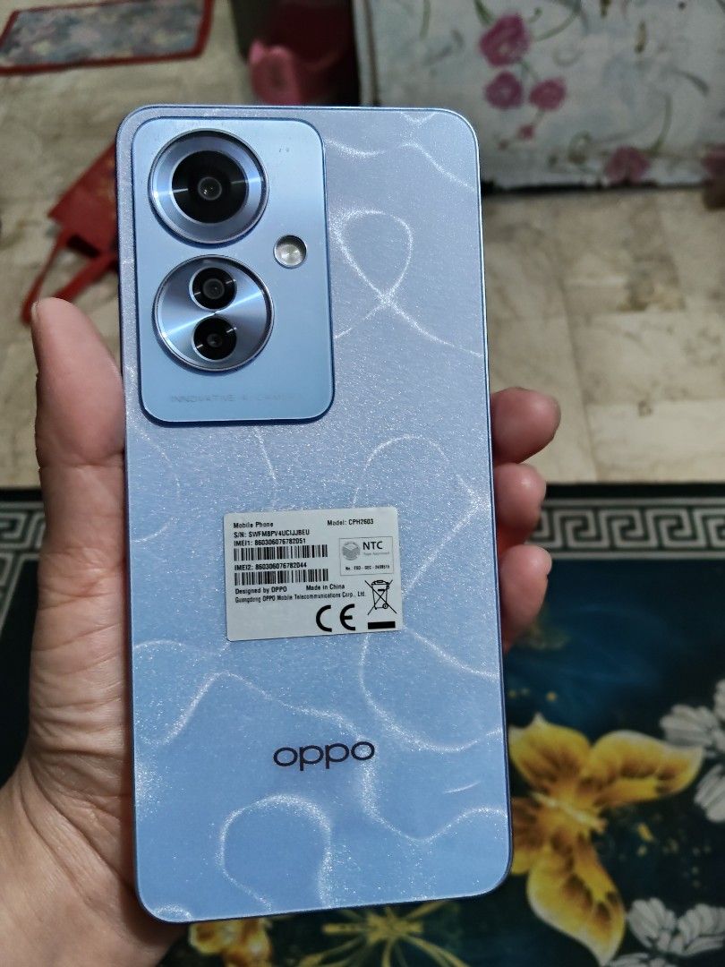 Oppo Reno 11 F 5G (Category: OPPO) located in Pasay City. Submitted by issay10 (Listing ID 1416613330, Image 3). Description: Storage: 256 GB Processor: Media Tek Dimensity 7050 Battery: 5000 mah Camera: front 32MP Rear 64MP+8MP+2MP Android 15 Performance Booster: Trinity Engine.
