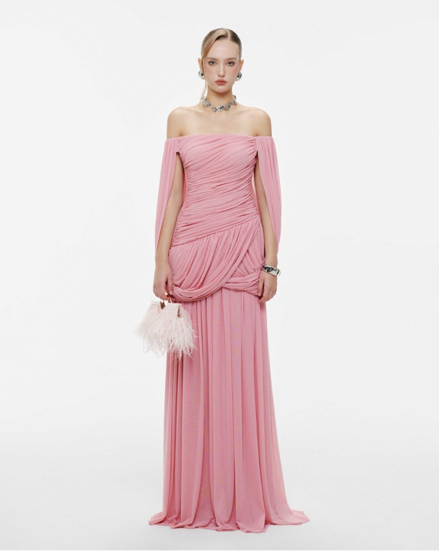 RENT: MOLLYNISTA TANGLED PINK PASTEL RUCHED CAPE GALA DRESS FORMAL ...