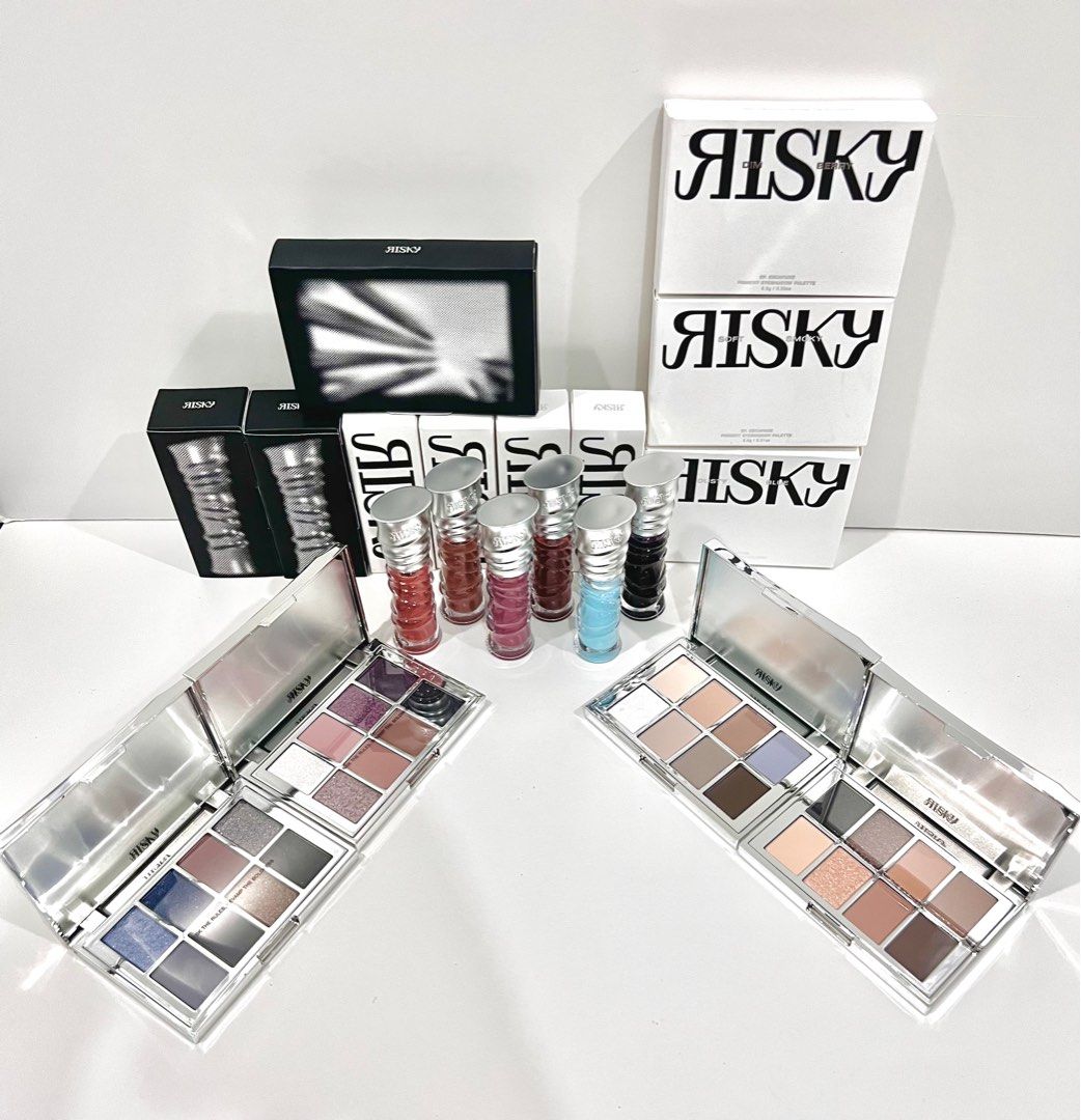 RISKY Eyeshadow Palette and Lip Gloss Set (Category: Makeup) located in Cebu City. Submitted by roselle.gallinero (Listing ID 1416479573, Image 1). Description: Risky Eyeshadow Palette - ₱999 each Risky Be Bold Lip Gloss - ₱699 each Take all - ₱8k - RISKY Makeup Set - Includes eyeshadow palettes and lip glosses - Eyeshadow palettes with a range of colors - Lip glosses in various shades - Multiple items for different looks - All items are new and 