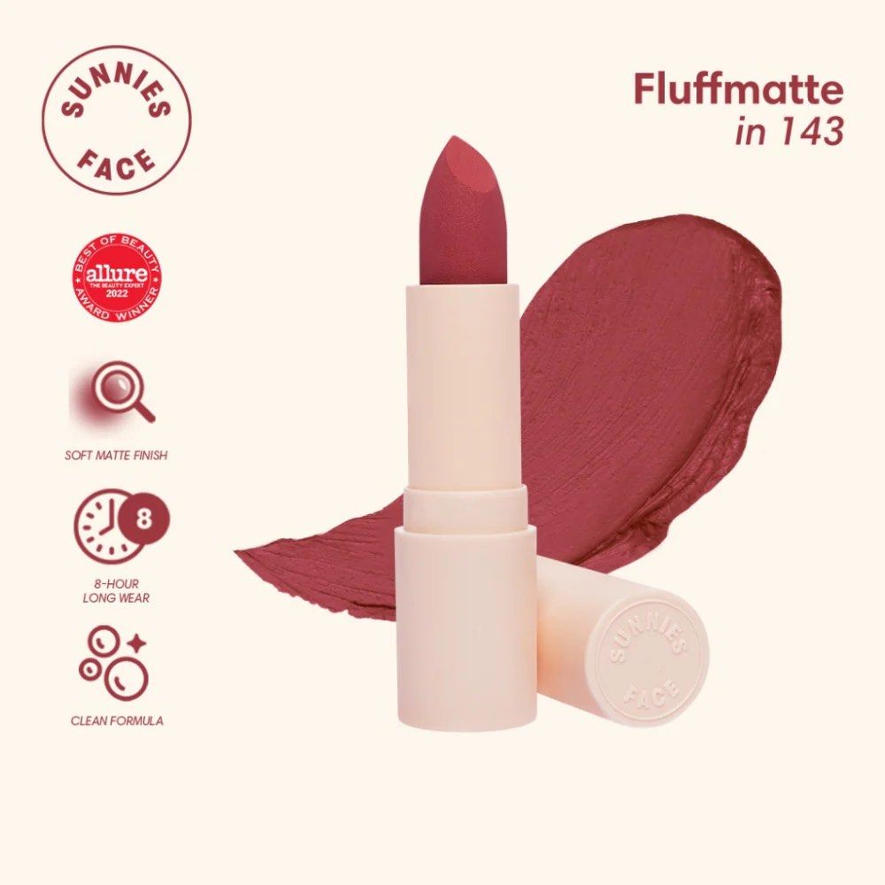 Sunnies Face Fluffmatte Lipstick (Category: Makeup) located in Manila. Submitted by helzn (Listing ID 1416479011, Image 1). Description: - Sunnies Face Fluffmatte Lipstick - Shade: 143 - Finish: Soft Matte - Long-wearing: Up to 8 hours - Lightweight formula - Brand new, in original packaging.