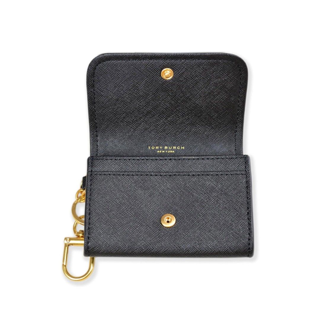 Tory Burch Emerson Flap Card Holder with Key Ring (Category: Luxury Bags & Wallets) located in Santa Rosa. Submitted by BerrieBlossom (Listing ID 1416590947, Image 2). Description: - Tory Burch card holder - Black exterior with gold-tone logo - Snap closure - Includes card slots - Features a key ring - Clear ID window.