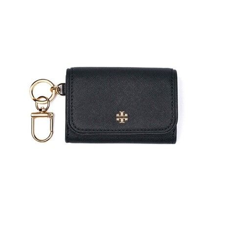 Tory Burch Emerson Flap Card Holder with Key Ring (Category: Luxury Bags & Wallets) located in Santa Rosa. Submitted by BerrieBlossom (Listing ID 1416590947, Image 1). Description: - Tory Burch card holder - Black exterior with gold-tone logo - Snap closure - Includes card slots - Features a key ring - Clear ID window.