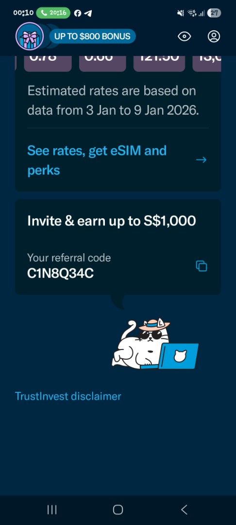 trust referral code (Category: Announcements) located in Singapore. Submitted by meebooooo (Listing ID 1416613670, Image 1). Description: use my referral code when signing up for trust debit card using the code will give ur referral rewards eligible for 16 year old using the savings account.