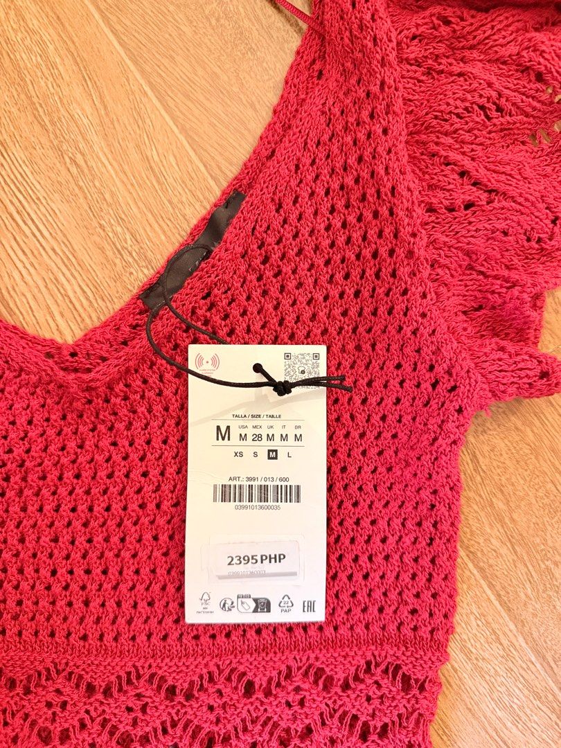 Zara Crochet Dress - Size M (Category: Dresses) located in Quezon City. Submitted by thedribbles (Listing ID 1416533466, Image 2). Description: - Zara crochet dress - Size M - V-neckline - Ruffle sleeves - Intricate crochet detailing - Flared hem - Vibrant red color.