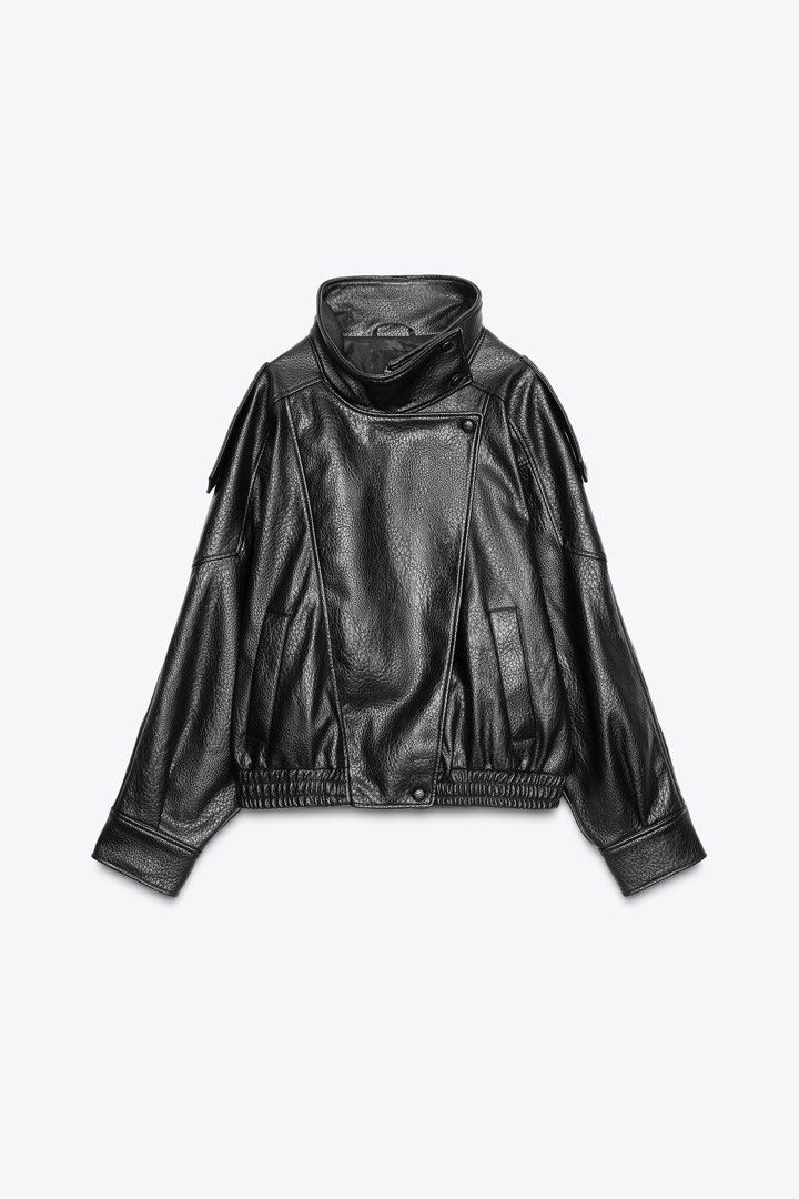 Zara Leather Jacket (Category: Coats, Jackets and Outerwear) located in Manila. Submitted by sheesh_minecraft (Listing ID 1416474980, Image 1). Description: (no longer in zara stores) - Black leather jacket - High collar - Bomber-style fit - Zipper closure - Smooth, faux, leather material - Slightly oversized.