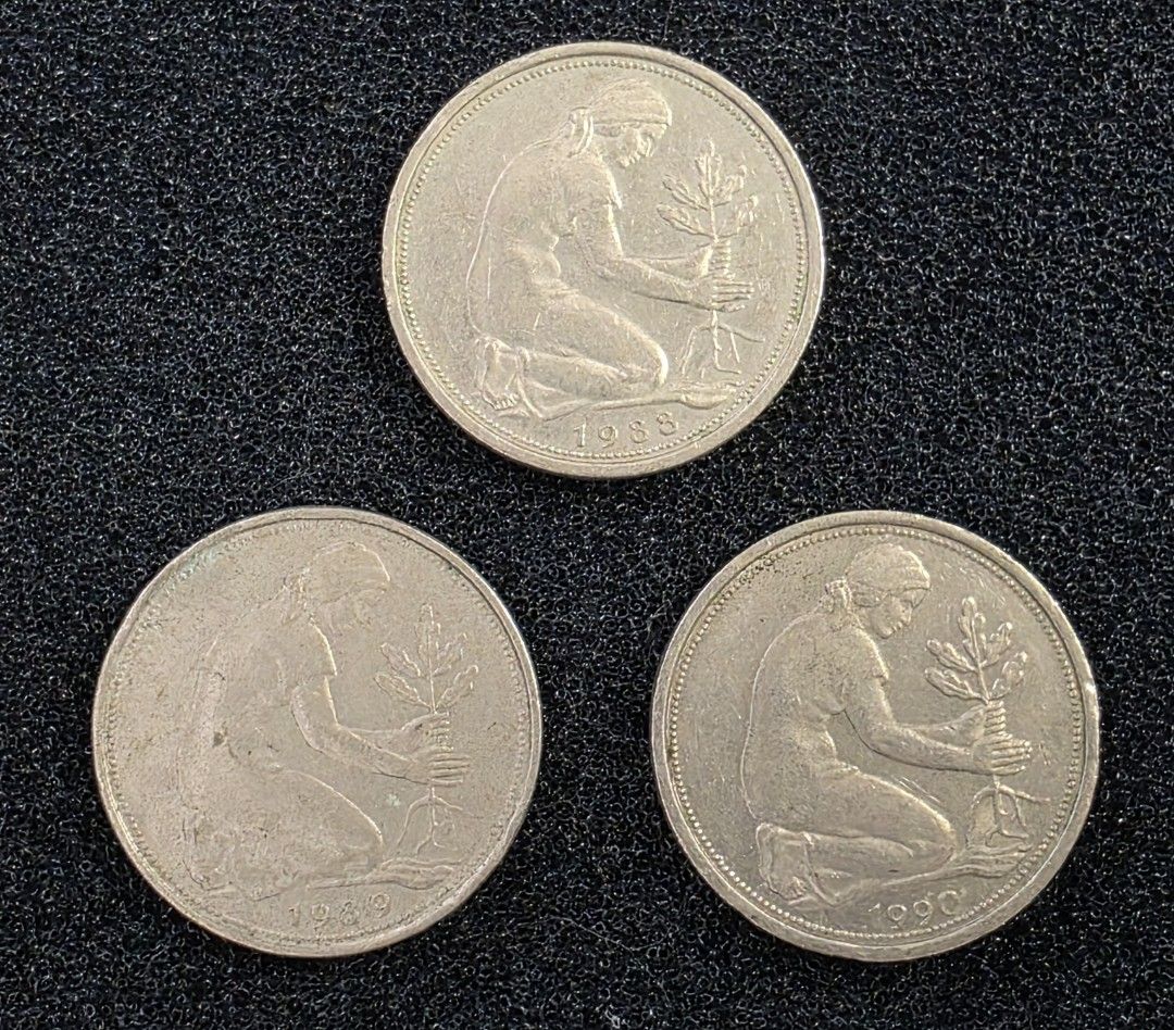 德國1988, 1989 & 1990 年50 芬尼硬幣共3 枚(品相實物如圖), 興趣及遊戲, 收藏品及紀念品, 錢幣- Carousell