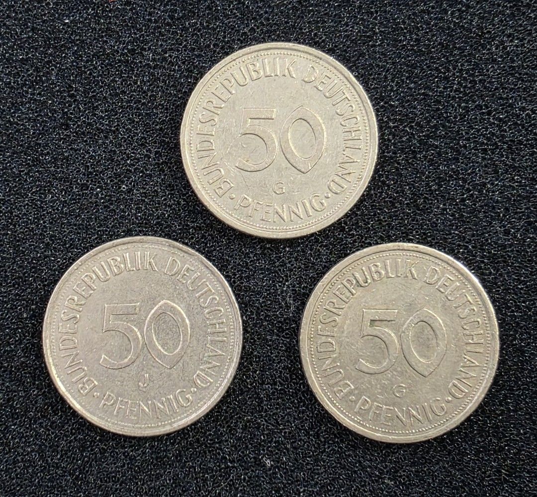 德國1988, 1989 & 1990 年50 芬尼硬幣共3 枚(品相實物如圖), 興趣及遊戲, 收藏品及紀念品, 錢幣- Carousell