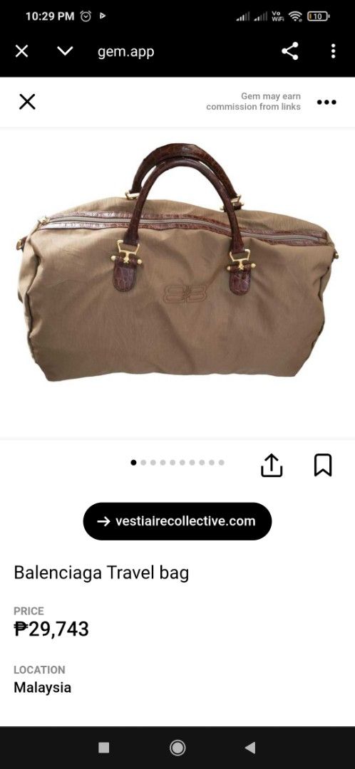 Balenciaga Travel Bag (Category: Luxury Bags & Wallets) located in Bulacan. Submitted by THA_D_THRIFT (Listing ID 1413046696, Image 2). Description: - Balenciaga travel bag - Olive green color - Brown leather handles and accents - Zippered main compartment - Small pocket - Metal logo plate inside - Minor wear on corners - Stylish and functional for travel FRESH FROM JAPAN SOURCE EXCELLENT CONDITION SIGN OF USAGE MINIMAL ISSUE SEE LAST PIC PARANG 
