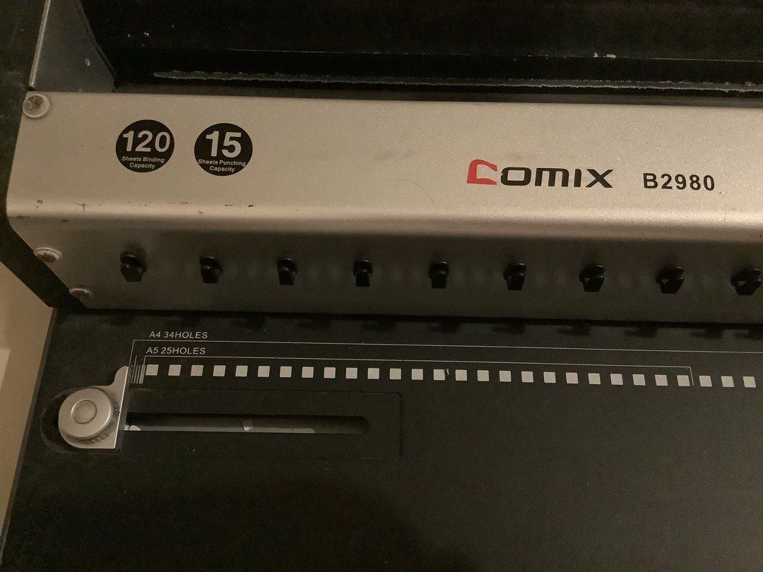 COMIX B2980 Heavy Duty Wire Binding Machine (Category: Everything Else Others) located in Cainta. Submitted by macelle (Listing ID 1413190048, Image 3). Description: COMIX B2980 Heavy Duty Wire Binding Machine, 34 Holes Binding Thickness: 120 sheets / 14.3 wires Maximum punching capacity: 15 sheets Holes: 34 holes Paper margin: 2.5 mm Spacing between holes: 8.46 mm (3:1) Hole Size: 4*4mm Reviews Max binding thickness: 120 sheets / 14.3 wires the 