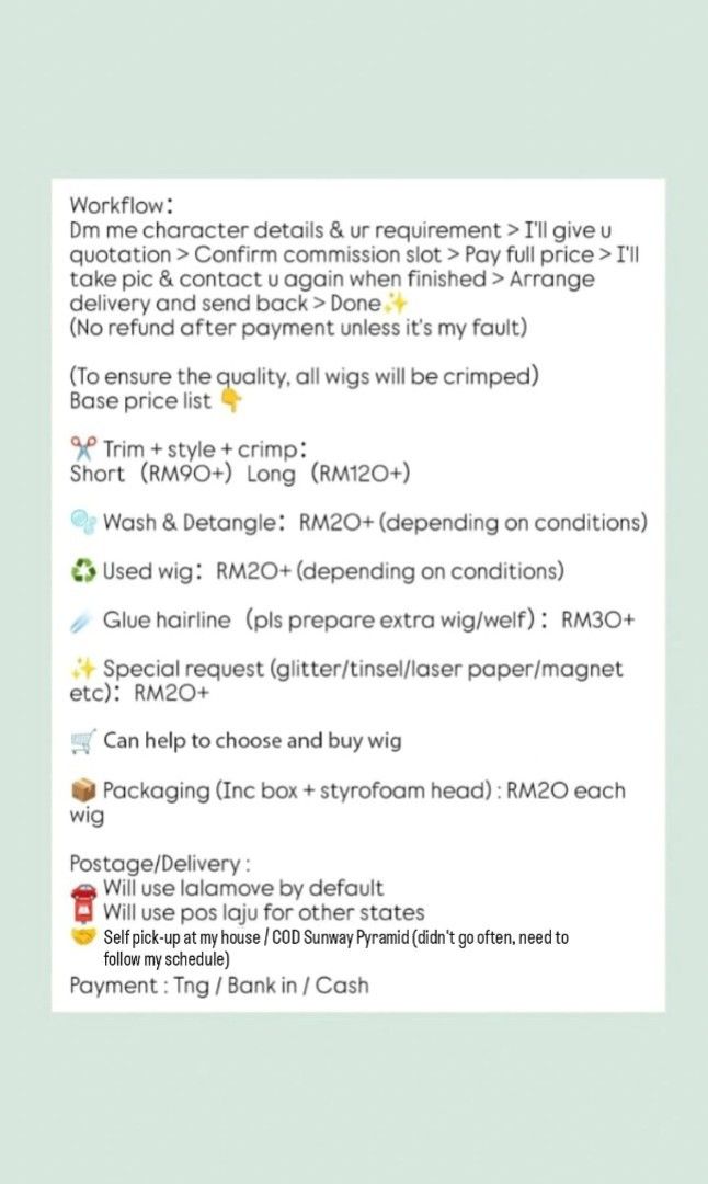 Cosplay Wig Commission(wash/detangling/trimming/styling/crimping)(PLS READ DESCRIPTION) (Category: J-pop) located in Shah Alam. Submitted by Mizuu (Listing ID 1229956025, Image 2). Description: For more wig showcases 👉 IG : mizuu_wig ‼️ commission OPEN ❗I'm not newbie wig stylist so don't expect me to give out cheap price TQ pls check price on slides ❓How to commission : dm me name+series+pics of the character, when would u need it by latest? wh