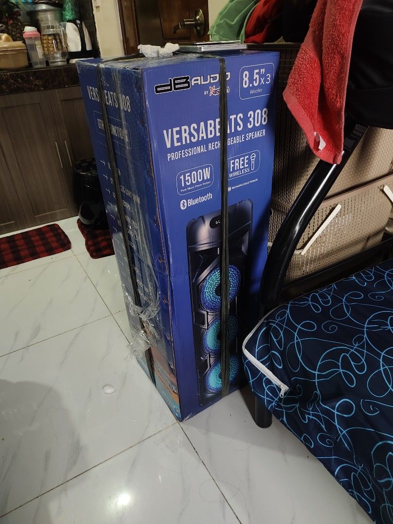 DB Audio Versa Beats 308 Speaker (Bluetooth Rechargeable Speaker with Microphone) (Category: Soundbars, Speakers & Amplifiers) located in Manila. Submitted by querobin11 (Listing ID 1413095645, Image 2). Description: DB Audio Versa Beats 308 professional rechargeable speaker. It has Bluetooth, dynamic LED light show, remote control, built-in phone rock, USB and SD card slots. It also has a 2-4 hours playing time and human battery. 1500W..