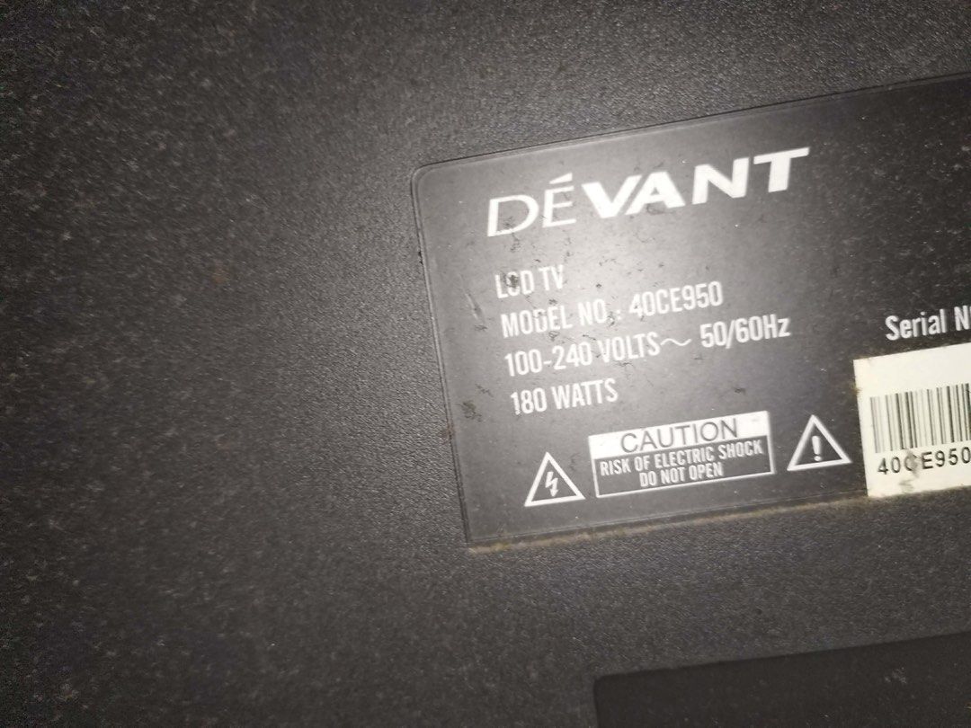 Devant 40CE950 LCD TV (Category: TV) located in Santa Rosa. Submitted by heckler03 (Listing ID 1413093840, Image 2). Description: - Devant 40CE950 LCD TV - 40-inch screen w several dead pixel - Multiple ports: HDMI, component inputs - Power: 100-240V, 180W - Color: Black FOR REPAIR OR PART OUT, W power, cable, no remote control .