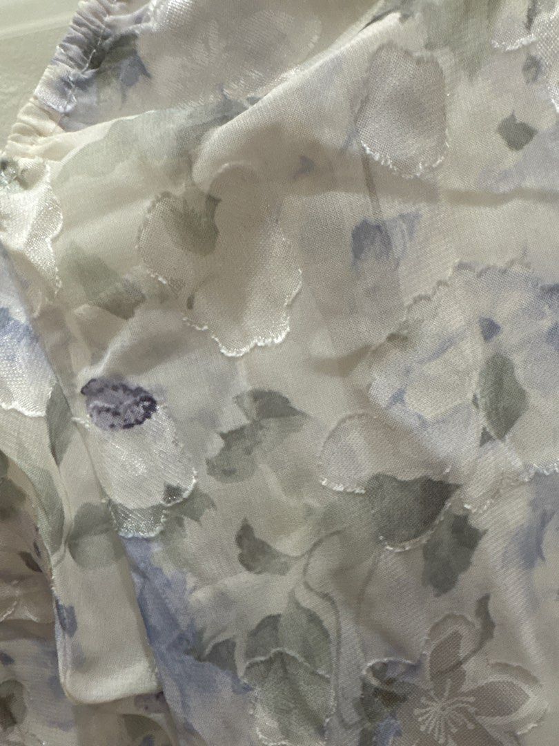 Floral Crop Top (Category: Others Tops) located in Manila. Submitted by _maema (Listing ID 1413199409, Image 2). Description: - Floral crop top - Long sleeves - Square neckline - Button-down front - Sheer, textured fabric - Floral pattern in white, blue, and gray -Fits medium to large.