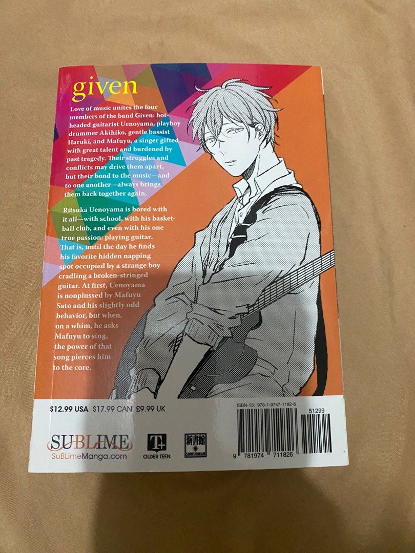 Given Manga Volume 1 / Vol. 1 (Category: Comics & Manga) located in Caloocan City. Submitted by krokak (Listing ID 1413144832, Image 2). Description: - Given Vol. 1 manga by Natsuki Kizu - English edition - Published by Sublime - Features the story of Ritsuka Uenoyama and Mafuyu - Includes a synopsis on the back cover.