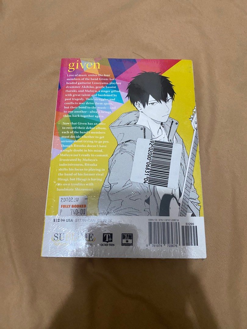 Given Manga Volume 6 / Vol. 6 (English) (Category: Comics & Manga) located in Caloocan City. Submitted by krokak (Listing ID 1413144872, Image 2). Description: - Given Volume 6 manga - Features the story of the band Given (Uenoyama, Mafuyu, Ritsuka, and Haruki) - Includes a story summary on the back - Published by SuBLime - Brand new, in original packaging.