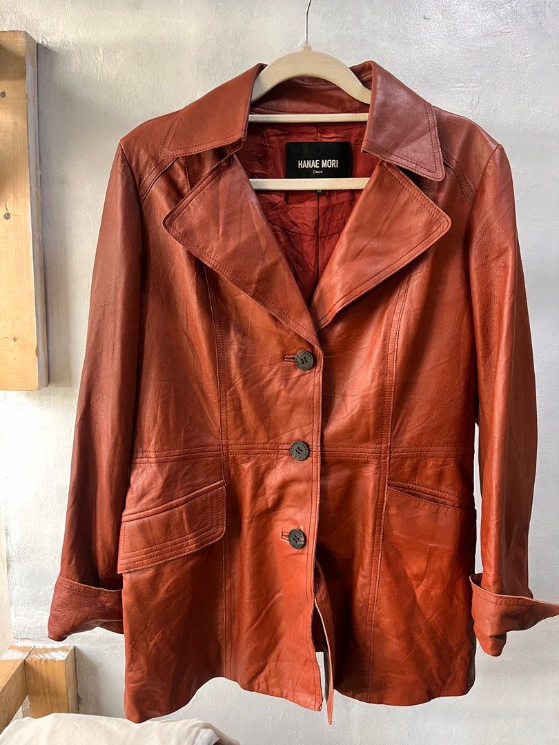 Hanae Mori Deux Leather Jacket (Category: Coats, Jackets and Outerwear) located in Baguio. Submitted by lattethrift21 (Listing ID 1413050015, Image 1). Description: Hanae Mori Leather jacket L 26 W16 No issue Like new.