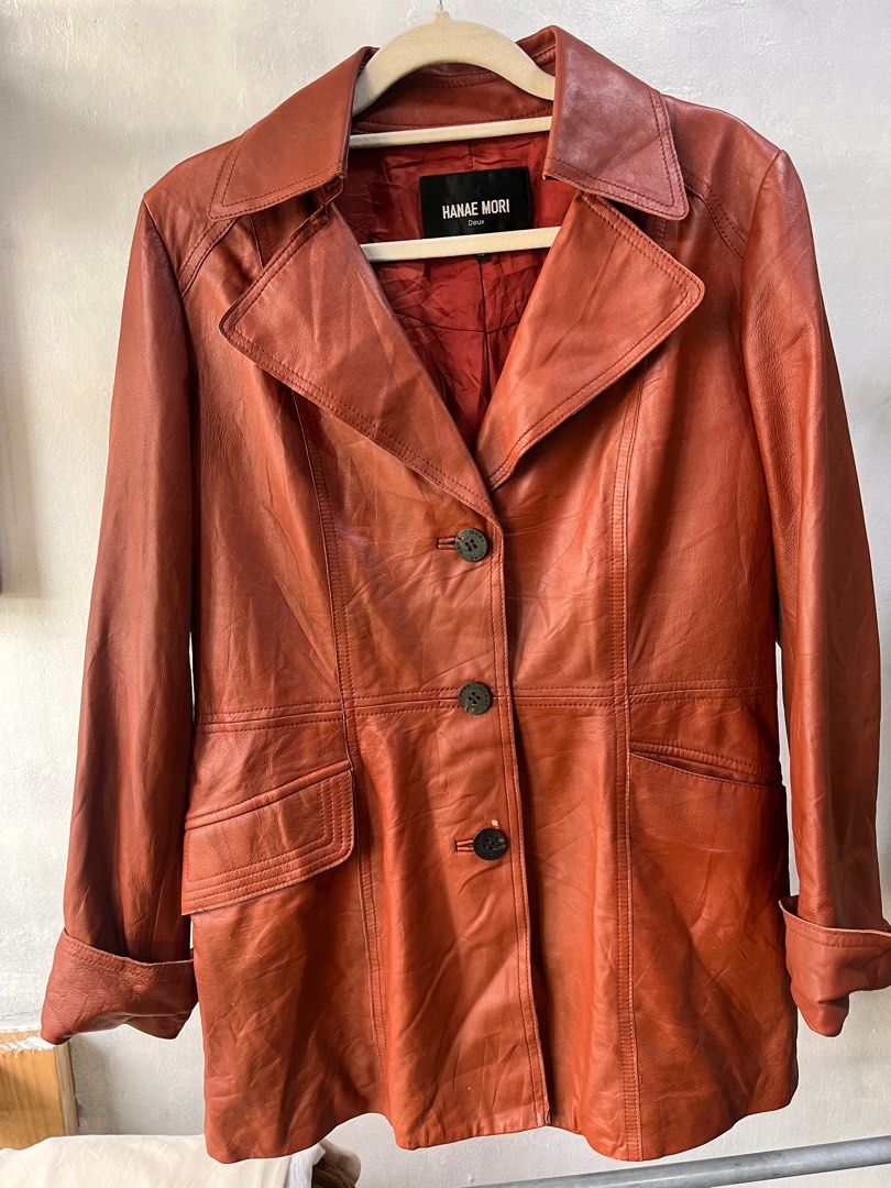 Hanae Mori Deux Leather Jacket (Category: Coats, Jackets and Outerwear) located in Baguio. Submitted by lattethrift21 (Listing ID 1413050015, Image 2). Description: Hanae Mori Leather jacket L 26 W16 No issue Like new.