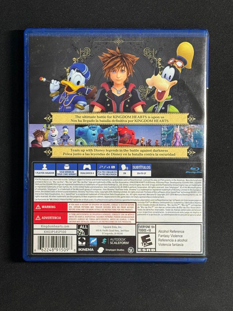 Kingdom Hearts III - PS4 (Category: PlayStation) located in Quezon City. Submitted by peachnikk (Listing ID 1413070812, Image 2). Description: - Kingdom Hearts III for PlayStation 4 - Features Disney characters and action RPG gameplay - Includes game disc and case - Rated E10+ - Supports 1 player - Subtitles in English and Spanish - Published by Square Enix Payment is through Gcash - Please communicate properly! Mode of Delivery (Lalamove-LBC-Gra