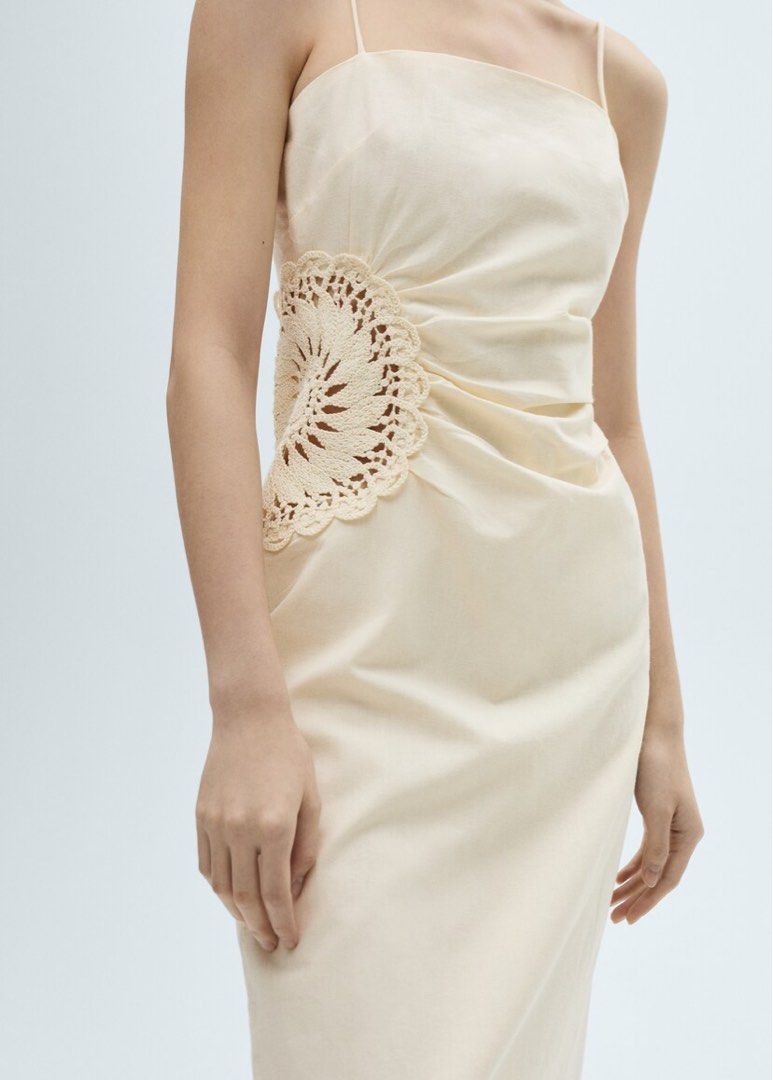 Mango Linen Blend Dress with Openwork Flowers | Midi (Category: Dresses) located in Quezon City. Submitted by el8isa (Listing ID 1413080780, Image 1). Description: Size S, bought from Trinoma for Php 2495, used once for my graduation rites - Mango midi dress - Crochet side detail - Square neckline - Thin straps - Back slit - Light cream color.