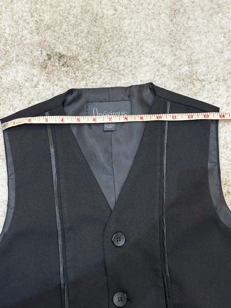Onesimus Black Vest (Category: Vests) located in Manila. Submitted by karltrinidad (Listing ID 1413191798, Image 3). Description: - Onesimus black vest - V-neck design - Four-button closure - Faux leather trim on front and pockets - Satin-like lining - Measurements: - Length: 24 inches - Shoulders: 14 inches - Chest: 17 inches.
