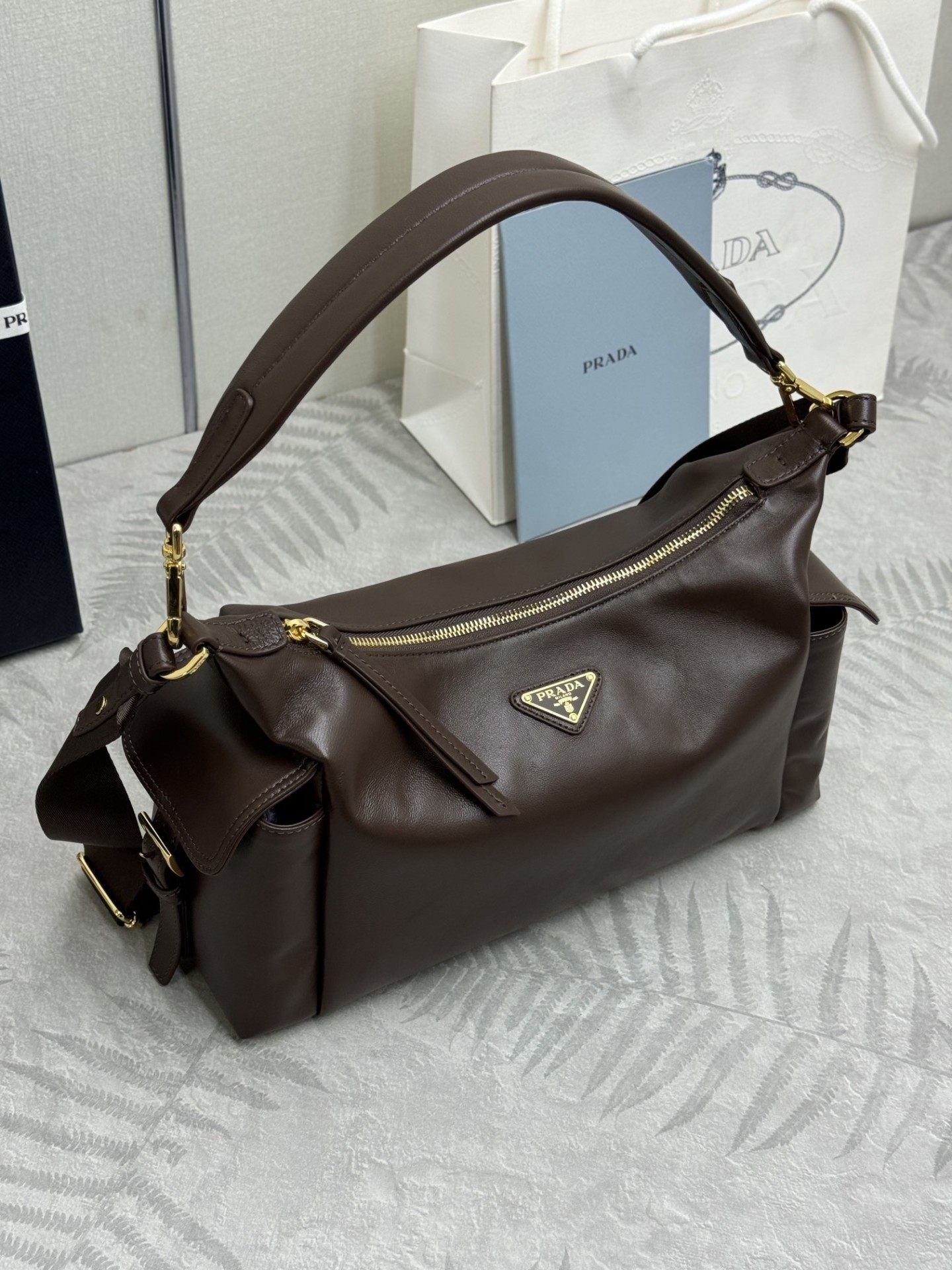 PRADA's new Explorer bag in a new coffee color for lambskin, 名牌, 手袋及銀包 ...