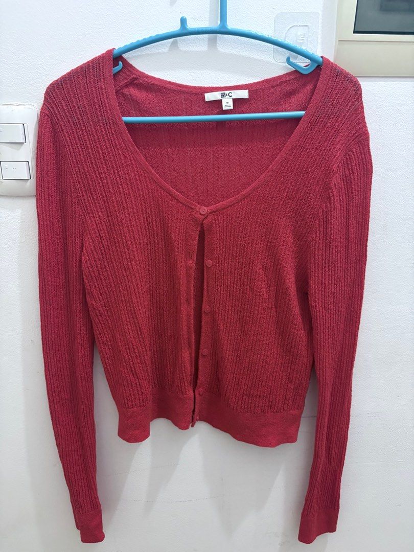 Red Cardigan (Category: Coats, Jackets and Outerwear) located in Manila. Submitted by _maema (Listing ID 1413203195, Image 1). Description: - B+C brand - V-neck cardigan - Button closure - Long sleeves - Ribbed texture - Versatile style - Great for layering.
