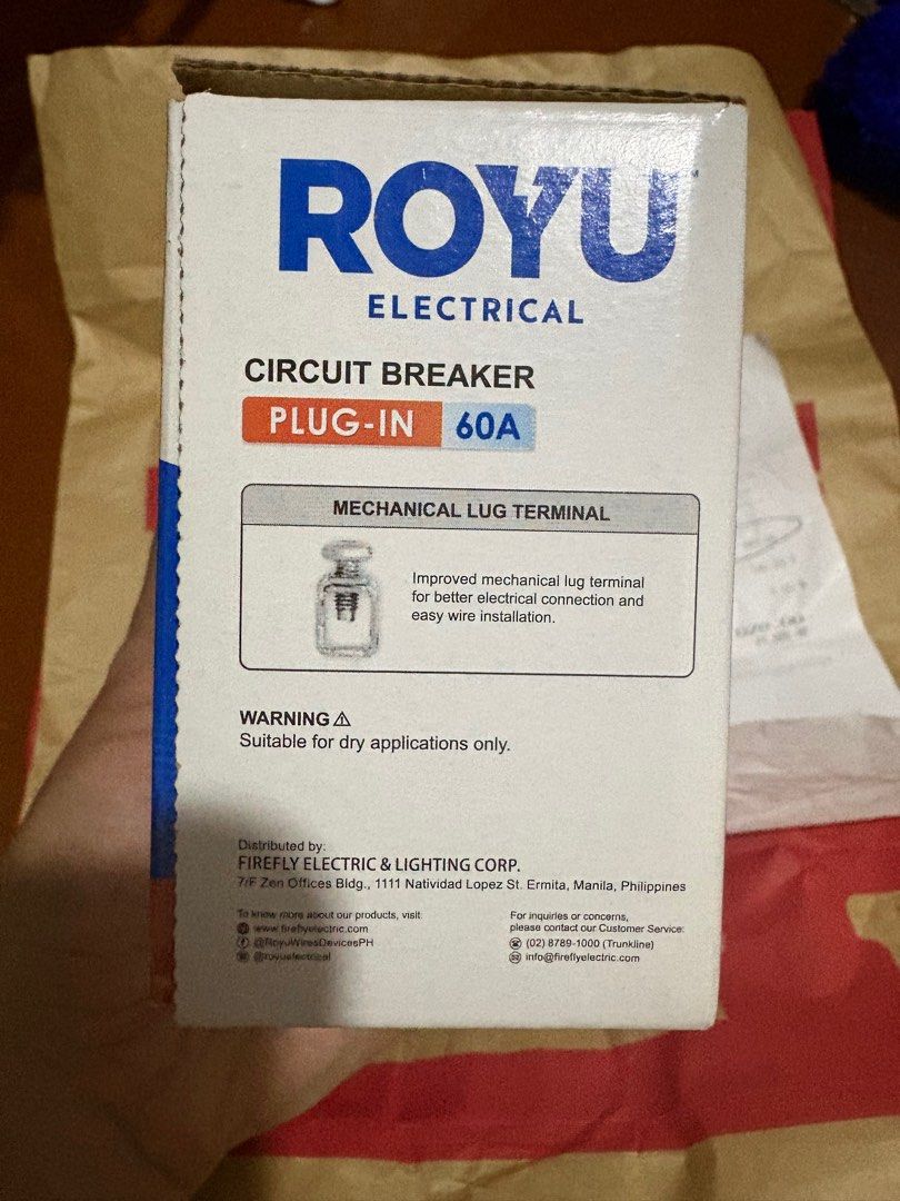 ROYU 60A CIRCUIT BREAKER (Category: Electrical, Adaptors & Sockets) located in Rizal. Submitted by declutterlikemarie (Listing ID 1413135807, Image 2). Description: Brand new with box and purchase receipt RFS: Not compatible with intended usage.