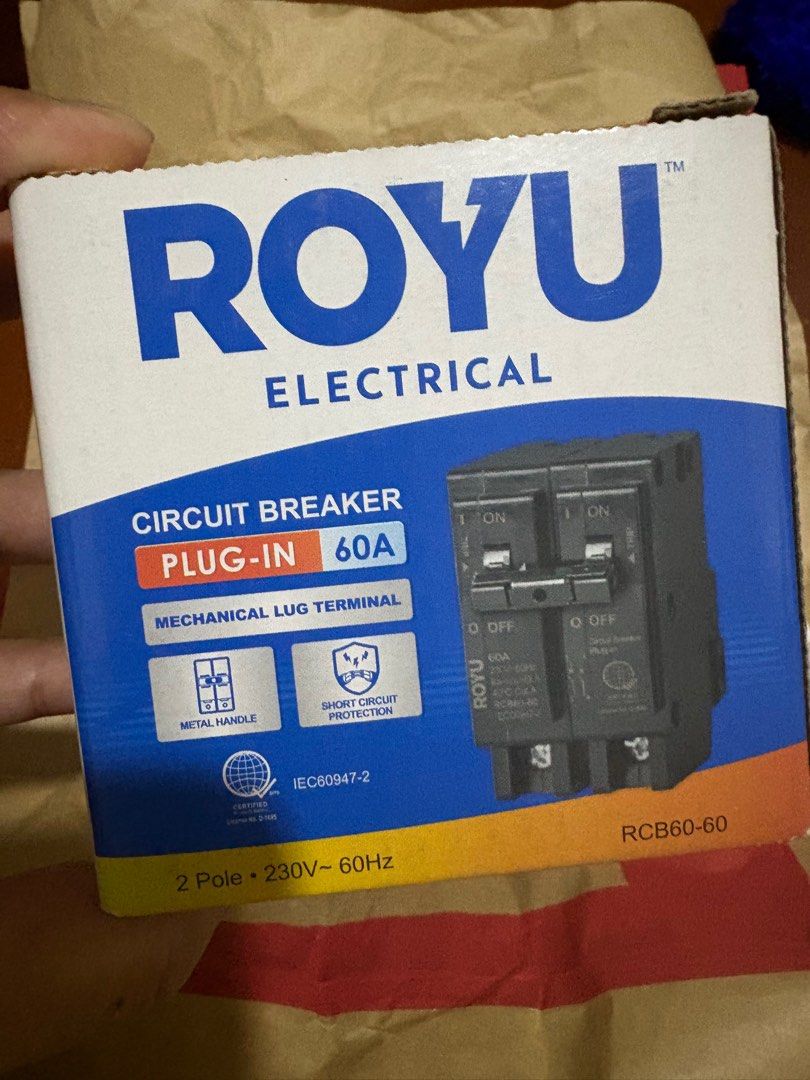 ROYU 60A CIRCUIT BREAKER (Category: Electrical, Adaptors & Sockets) located in Rizal. Submitted by declutterlikemarie (Listing ID 1413135807, Image 1). Description: Brand new with box and purchase receipt RFS: Not compatible with intended usage.