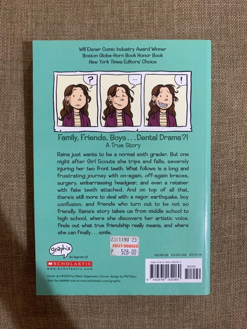 Smile by Raina Telgemeier (Category: Storybooks) located in Quezon City. Submitted by socrambee (Listing ID 1413096585, Image 2). Description: - Read only once - Bought at Fully Booked for ₱528 - Slight tanning on pages due to storage - DM for more photos or inquiries - Last price posted - Available for as long as it is listed Payment options: GCash, BPI Delivery options: J&T, Lalamove.