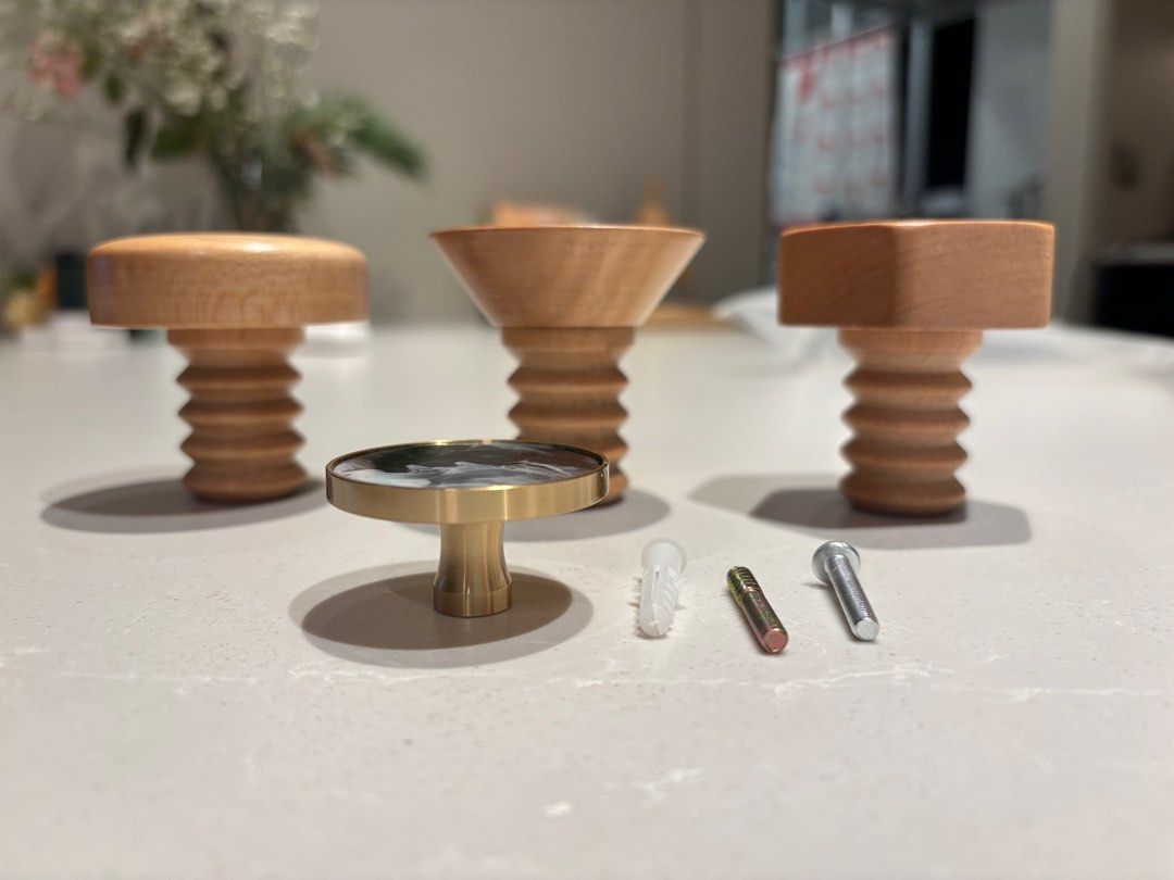 Wall Cabinet Knobs/Hooks (Category: Shelves, Cabinets & Racks) located in Singapore. Submitted by totoro000 (Listing ID 1413149468, Image 2). Description: 4 Knobs / Hooks - 3 wooden knobs (diameter 6cm height 6cm) - do not include screws - 1 metal ink wash knob (diameter 4cm height 2.3cm) - include screws for installation as cabinet knob of wall hook - wooden and ink wash design knobs/hooks - can be used as either knobs or hooks - Perfect for cab