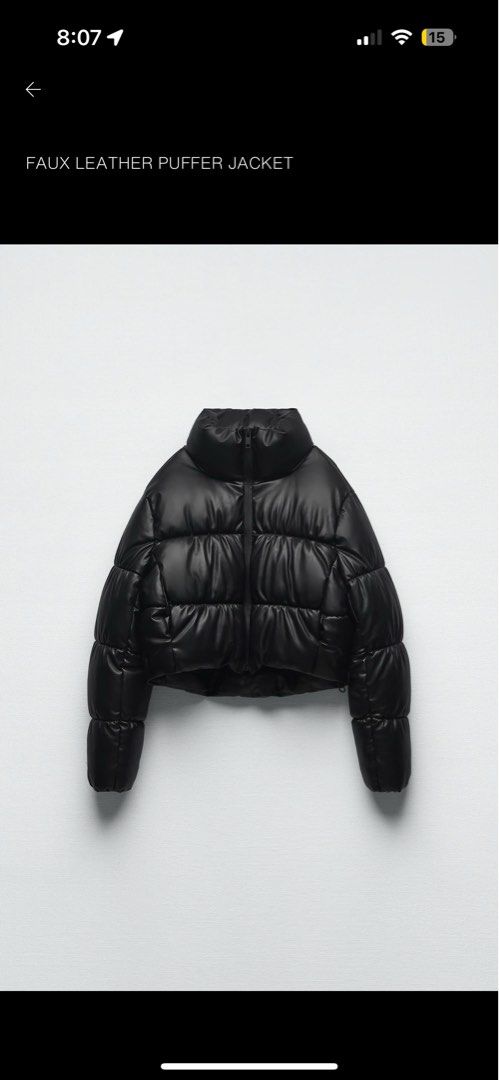 Zara Faux Leather Puffer Jacket (Category: Coats, Jackets and Outerwear) located in Quezon City. Submitted by petiteclothes (Listing ID 1413155068, Image 1). Description: - Zara black faux leather puffer jacket - High collar - Cropped length - Zip closure - Drawstring hem - Quilted design Used once. .