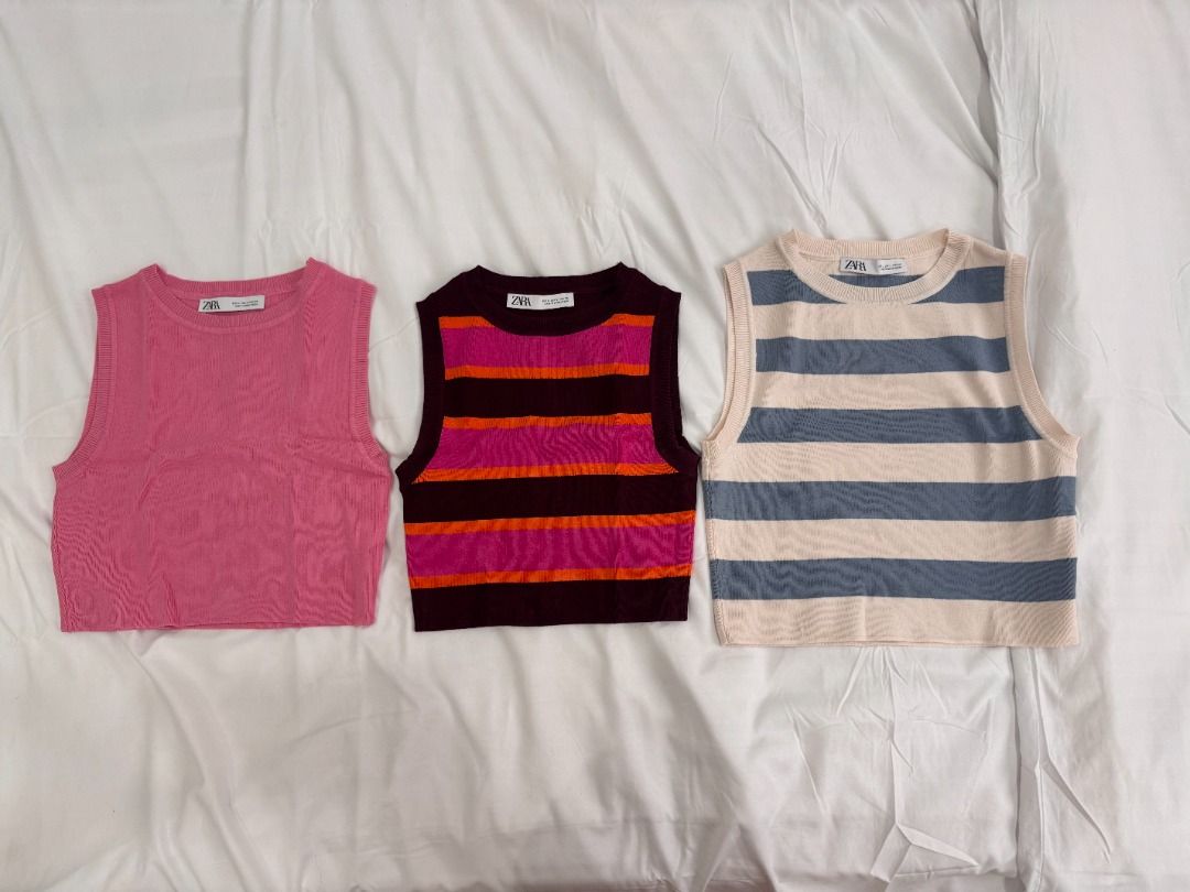 Zara Knit Cropped Tops (S-L) (Category: Others Tops) located in San Juan City. Submitted by declutterbymicah (Listing ID 1413087291, Image 1). Description: 💌 DETAILS: - Zara Knit Cropped Tops - Sizes: S (Striped Pink - SOLD), M (Pink and Brown), L (Striped Blue) - PHP 300 per piece, PHP 1000 for all - SF/Grab/Lalamove to be shouldered by the buyer..