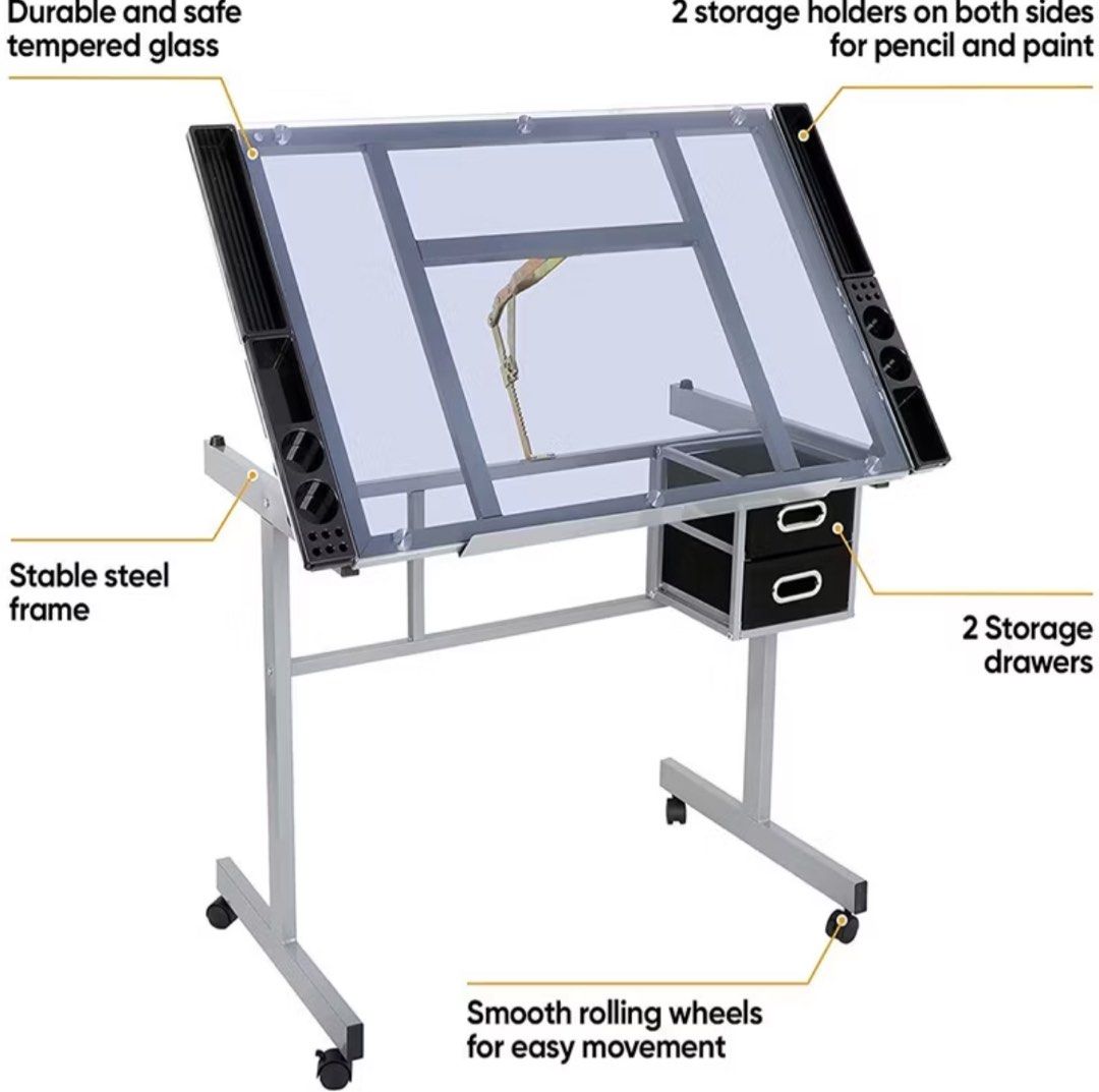 Adjustable Drafting Table / Drawing Desk with Drawers (Tempered Glass) (Category: Tables & Sets) located in Batangas. Submitted by adadriann (Listing ID 1416760789, Image 3). Description: Adjustable drafting table with tempered glass top. Used for 3 years during engineering studies and well maintained. No visible damage; fully functional (angle adjustment, drawers, wheels). Features: • Adjustable angle (0–60°) • Tempered glass tabletop • Steel fr