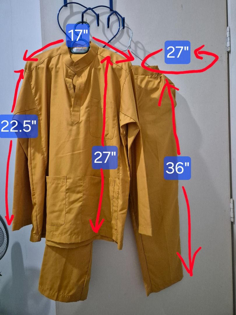 ALAIN DELON Baju Melayu XXS (mustard) (Category: Baju Melayu) located in Kuala Lumpur. Submitted by normizs (Listing ID 1416781926, Image 1). Description: Mustard yellow Baju Melayu set. The shirt has a mandarin collar and a pocket on the chest. The shirt's shoulder width is 17", sleeve length is 22.5", and shirt length is 27". The pants length is 36" and the waist is 27". Cotton Material Worn once during raya only.