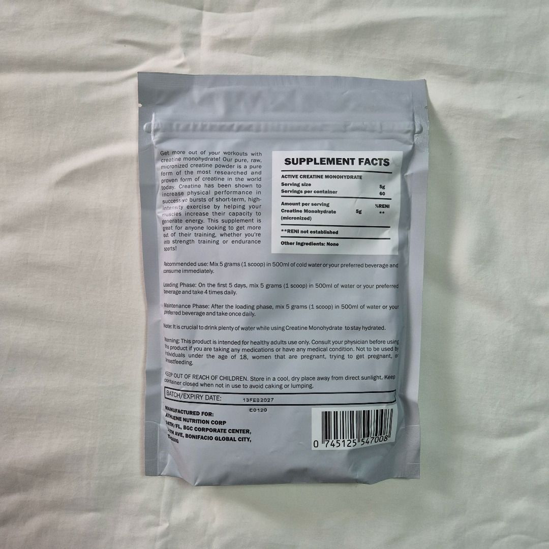 Athlene ACTIVE Creatine Monohydrate 300g (Category: Sports & Fitness Nutrition) located in Makati City. Submitted by raceday.rdy (Listing ID 1416693148, Image 3). Description: Athlene ACTIVE Creatine Monohydrate 300g Brand new, sealed 300g = 60 servings 650 each if getting 2, 660 if 1.