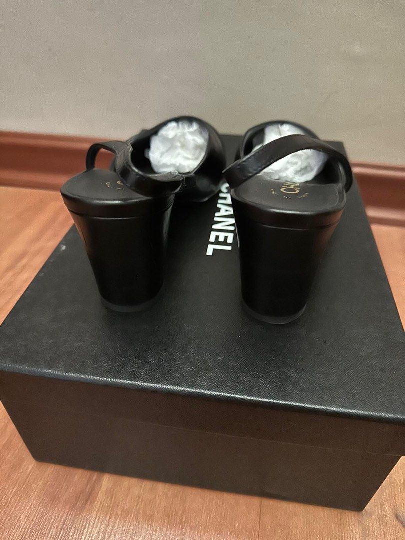 Authentic Chanel Slingback Heels (Category: Heels) located in Paranaque City. Submitted by msurfer (Listing ID 1416722767, Image 3). Description: Authentic Chanel sling black on black - size 38 - used twice w/ shoe protector - complete with dust bag and box .