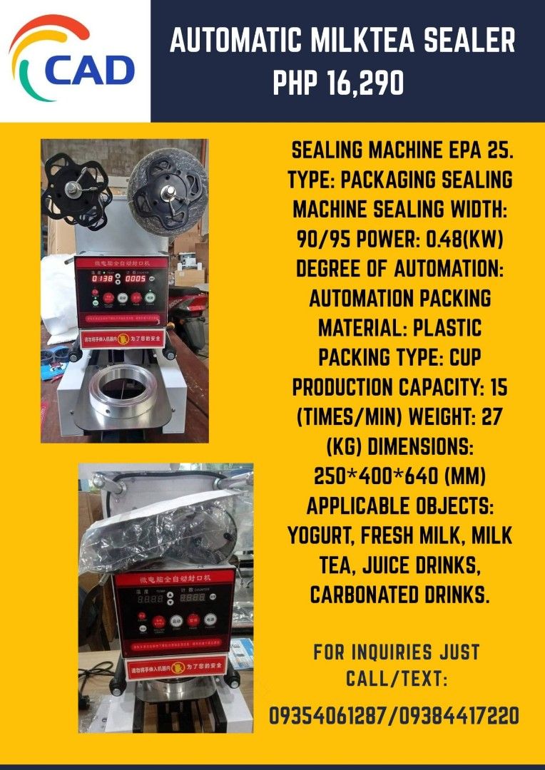 AUTOMATIC MILK TEA SEALER (Category: Beverages) located in Manila. Submitted by khaigeronimo0421 (Listing ID 1416653877, Image 1). Description: For Inquiries Just Send Me DM or Call/Text:09354061287/09384417220.