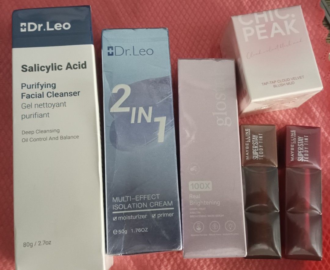Beauty Products Take All (Category: Face Care) located in Quezon City. Submitted by ree.0825 (Listing ID 1416663012, Image 1). Description: No to personal pick up. Miner to shoulder shipping fee MAYBELLINE SUPERSTAY TEDDY TINTS NO LONGER AVAILABLE 💯 brand new and sealed Dr Leo Salicylic Acid (Exp: 2028.05.15) Dr Leo 2in1 Moisturizer and Primer (Exp: 2027.10.12) Glostar brightening (Exp: 2027.12.08) Chic Peak Cloud Velvet Blush Mud M02 shade (Exp